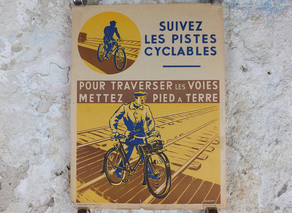 1950s SNCF cycle safety poster, Follow the cycle paths, by Durupt, industrial, train rail dangers, retro wall art decor