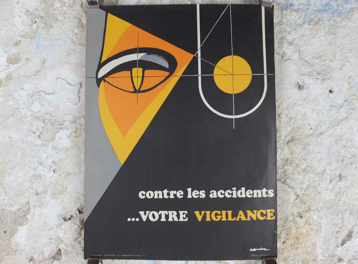 1950s Vintage SNCF French safety poster, Watching eyes, vigilance, by Dubruille, industrial, train rail dangers, retro wall art decor