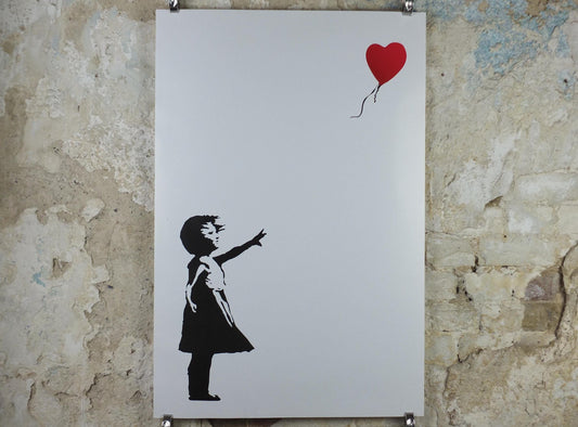 2000s Banksy Poster, Girl with Balloon, Red heart balloon, London, Pop Art gallery exhibition, wall art decor