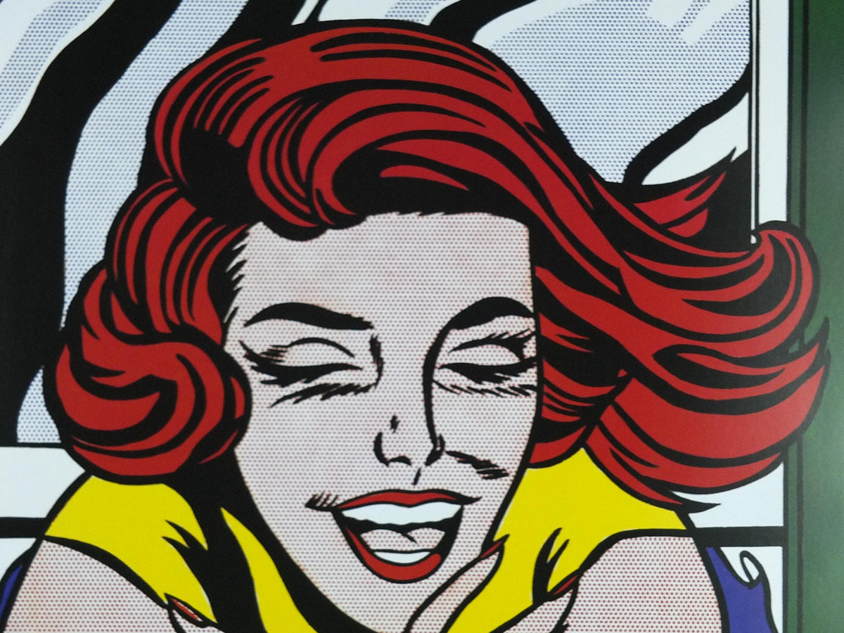 1999 Roy Lichtenstein Poster, "Girl in Window" 1963, Laughing red head, Reflections, Gallery Exhibition wall art decor and memorabilia
