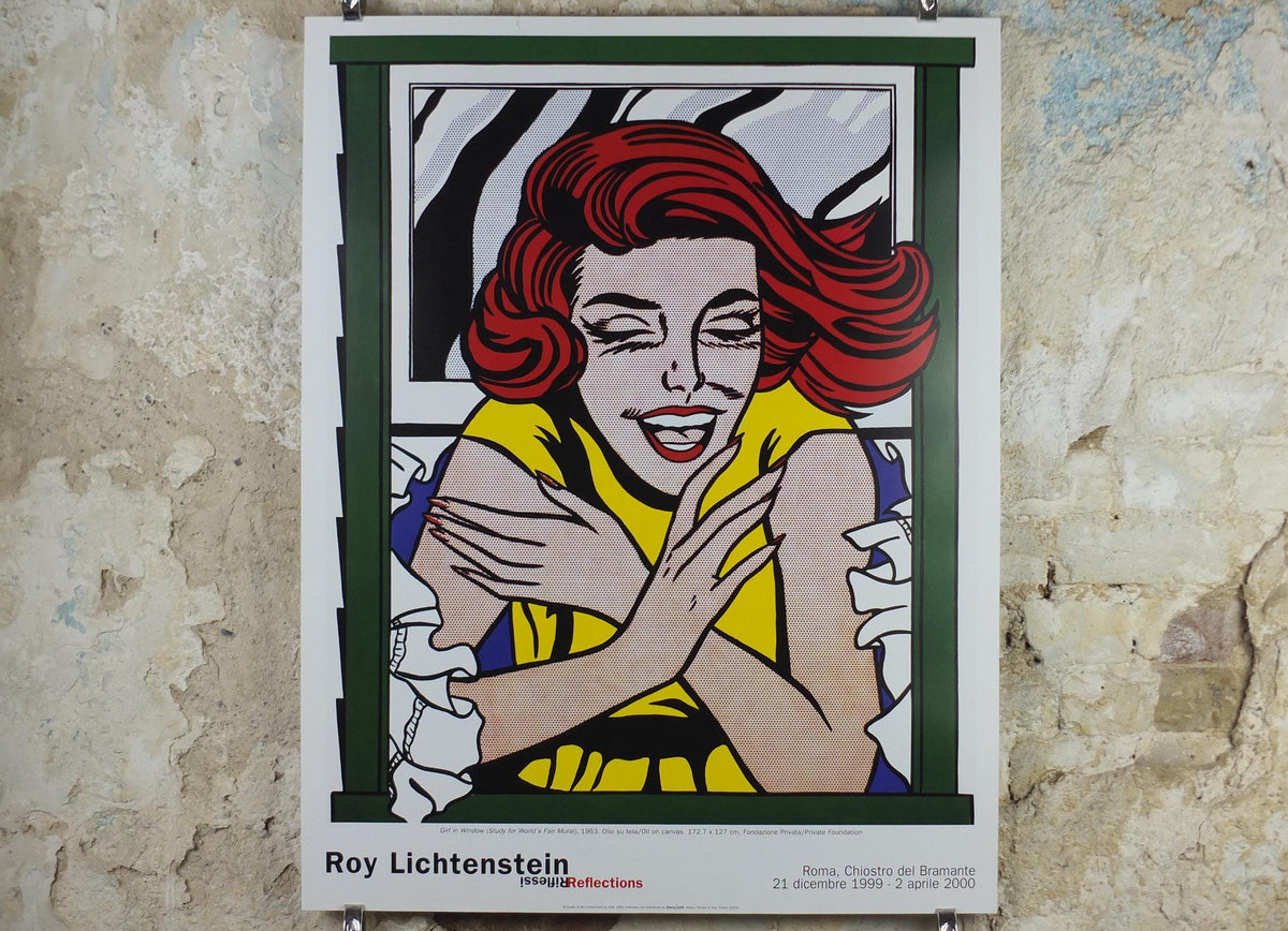 1999 Roy Lichtenstein Poster, "Girl in Window" 1963, Laughing red head, Reflections, Gallery Exhibition wall art decor and memorabilia