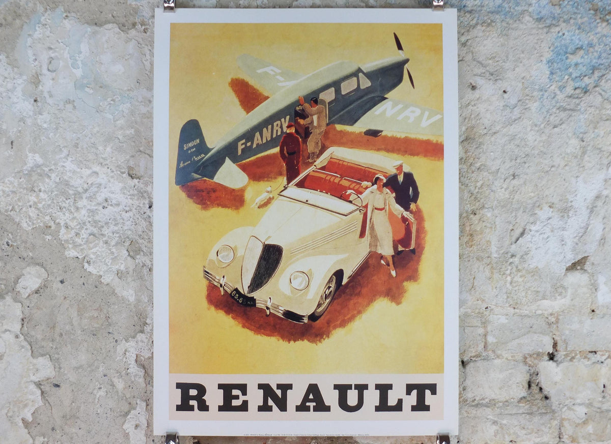 Renault Poster, Renault roadster with a plane vintage French carmaker, reprint from 2003, modernist art deco, wall art decor