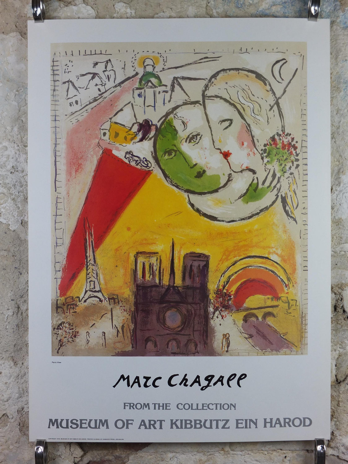 1979 Marc Chagall Poster, Paris View 1954, The Lovers of Notre Dame, Cubism and Expressionism, gallery exhibition, wall art decor