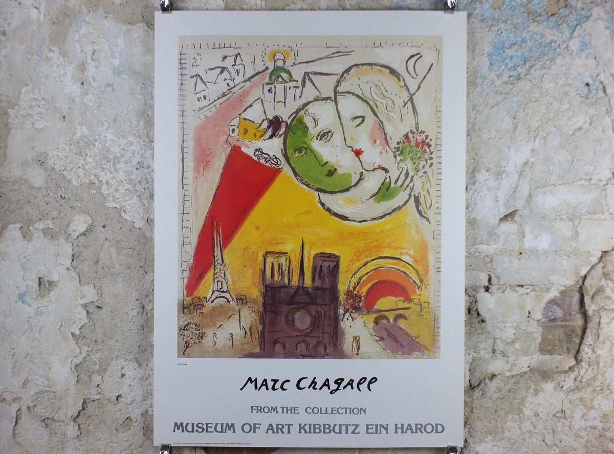 1979 Marc Chagall Poster, Paris View 1954, The Lovers of Notre Dame, Cubism and Expressionism, gallery exhibition, wall art decor