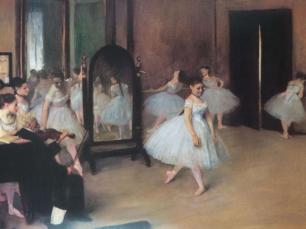 1988 Ballet Dance Class Poster, Edgar Degas from 1871, shows a dance class of ballerinas, gallery exhibition wall art decor