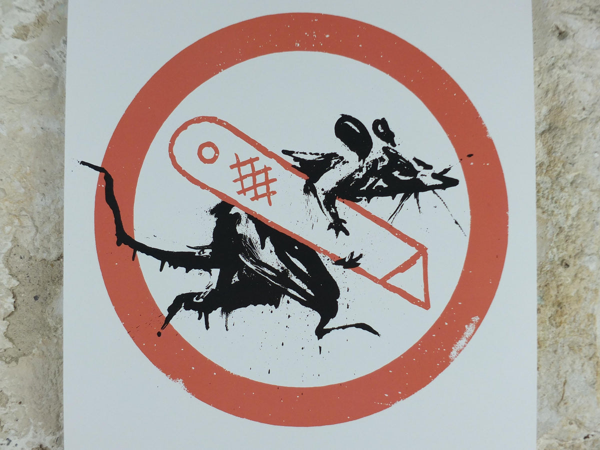 2023 Banksy Cut & Run Poster, Rat with cutting knife and stencil, Goma, Glasgow, Pop Art gallery exhibition, wall art decor