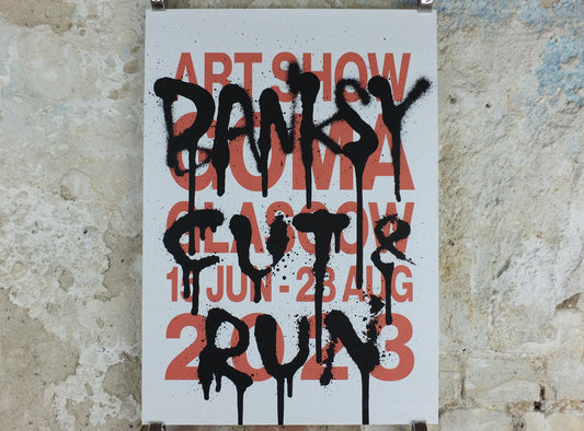 2023 Banksy Cut & Run Poster, Art Show stencil lettering spray paint, GOMA, Glasgow, Pop Art gallery exhibition, wall art decor