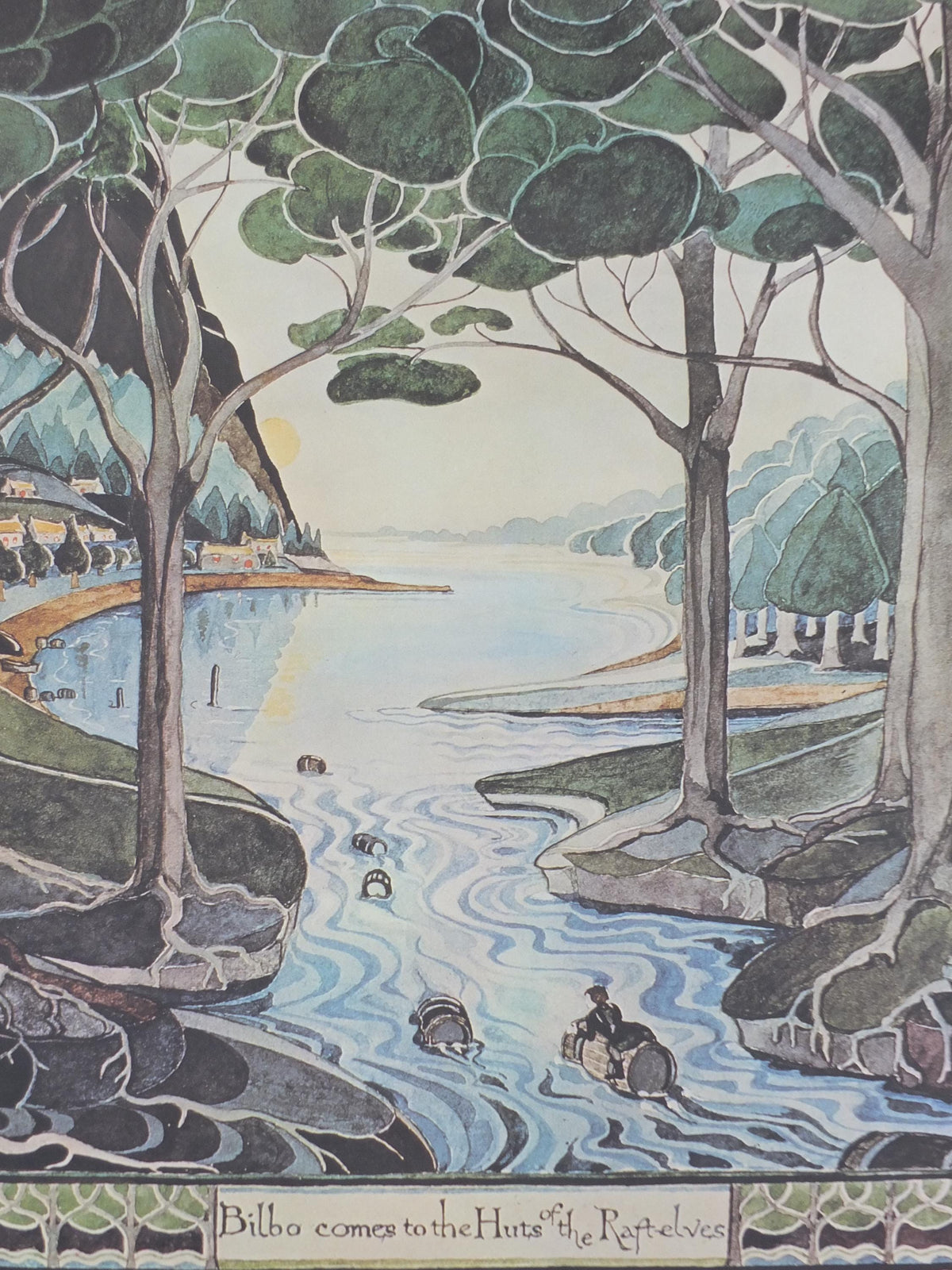 1970s Bilbo Comes to the Huts of the Raft Elves Poster, by J.R.R. Tolkien, George Allen & Unwin, The Hobbit, fantasy wall art decor