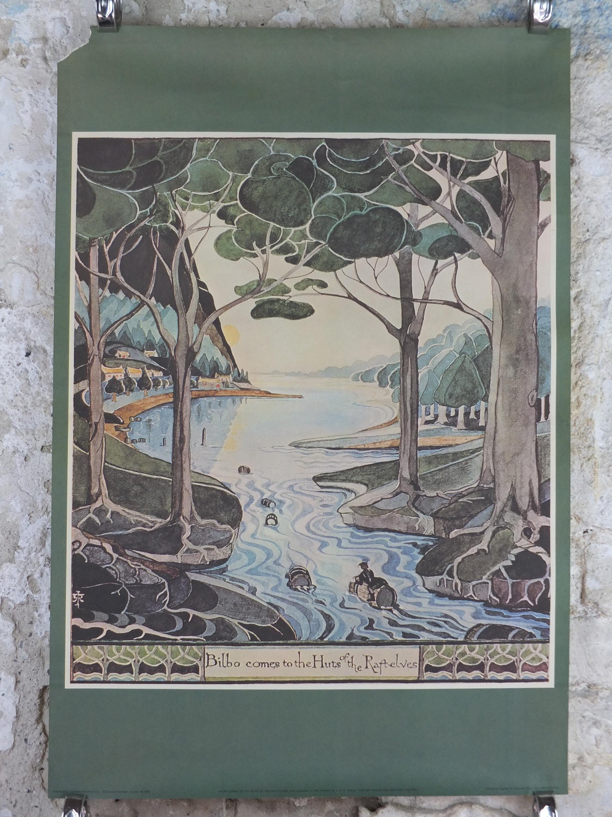 1970s Bilbo Comes to the Huts of the Raft Elves Poster, by J.R.R. Tolkien, George Allen & Unwin, The Hobbit, fantasy wall art decor