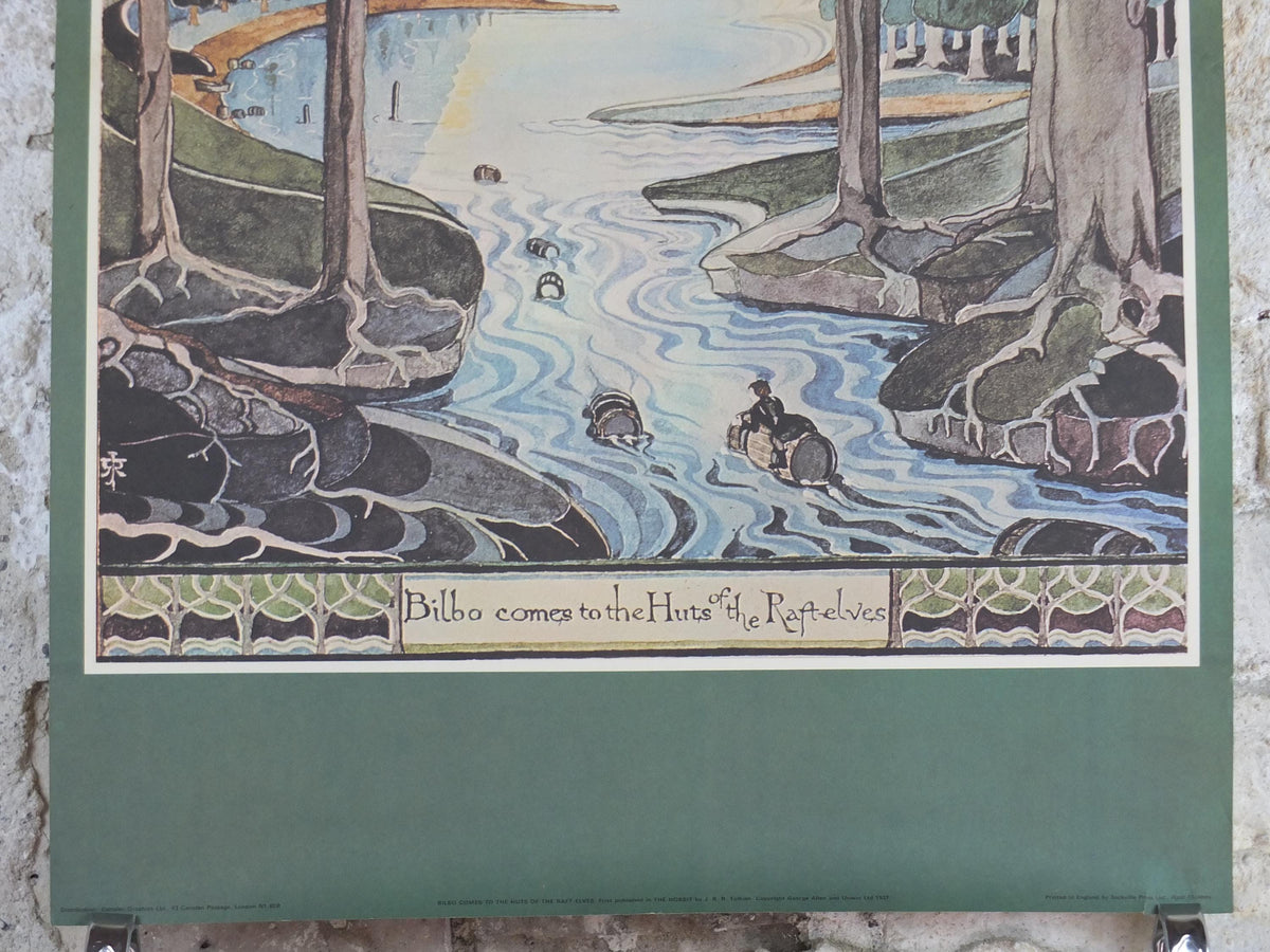 1970s Bilbo Comes to the Huts of the Raft Elves Poster, by J.R.R. Tolkien, George Allen & Unwin, The Hobbit, fantasy wall art decor