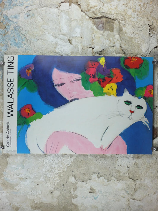 1987 Walasse Ting Poster, Woman with White Cat 1987, cat & flowers, colourful popular figuratism, pop art, gallery, wall art decor