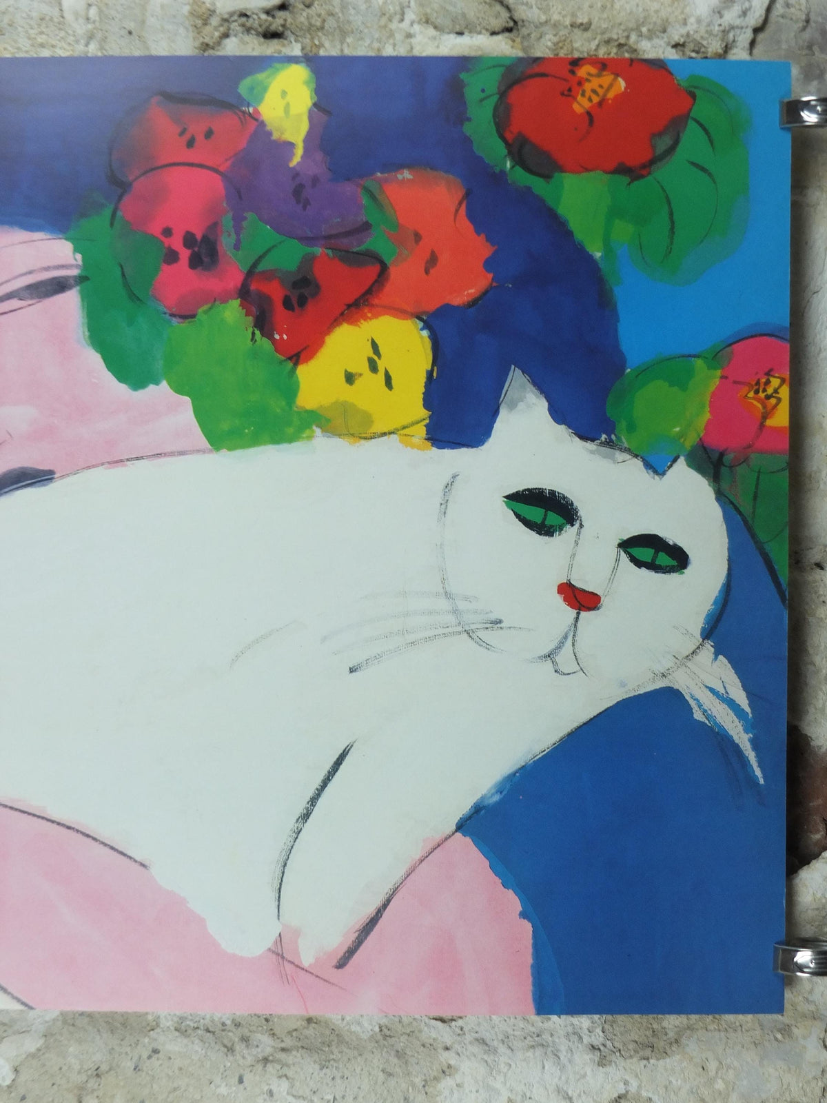 1987 Walasse Ting Poster, Woman with White Cat 1987, cat & flowers, colourful popular figuratism, pop art, gallery, wall art decor