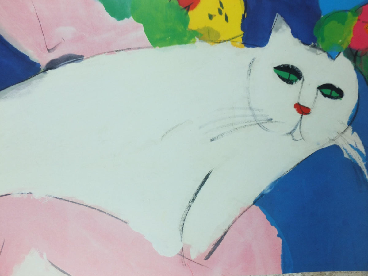 1987 Walasse Ting Poster, Woman with White Cat 1987, cat & flowers, colourful popular figuratism, pop art, gallery, wall art decor