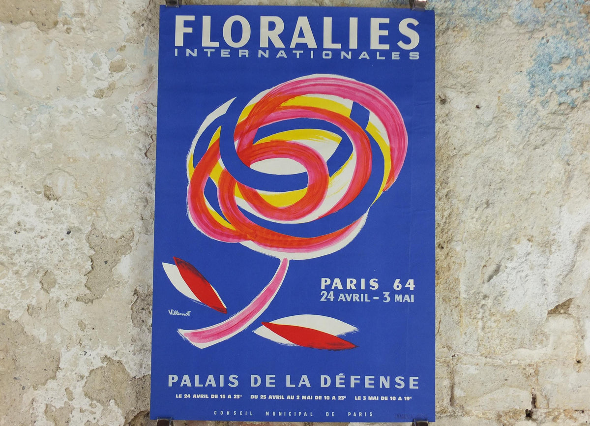 1964 International Paris Flower Show Poster, Floralies Internationales, Paris, Palais de la Defense, by Villemot, retro wall art decor