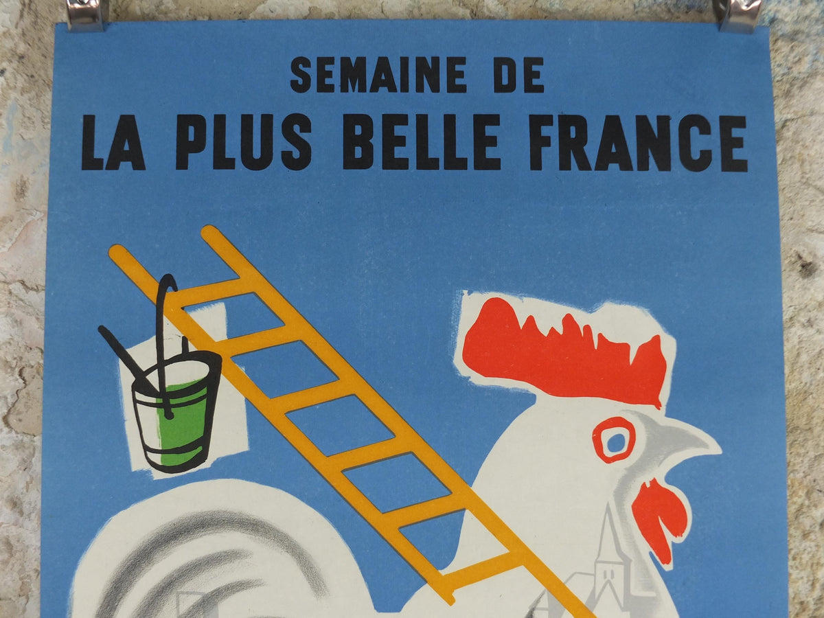 1951 Beautiful France Poster, Rooster with ladder building a better future for France, by Cromienes, wall art decor