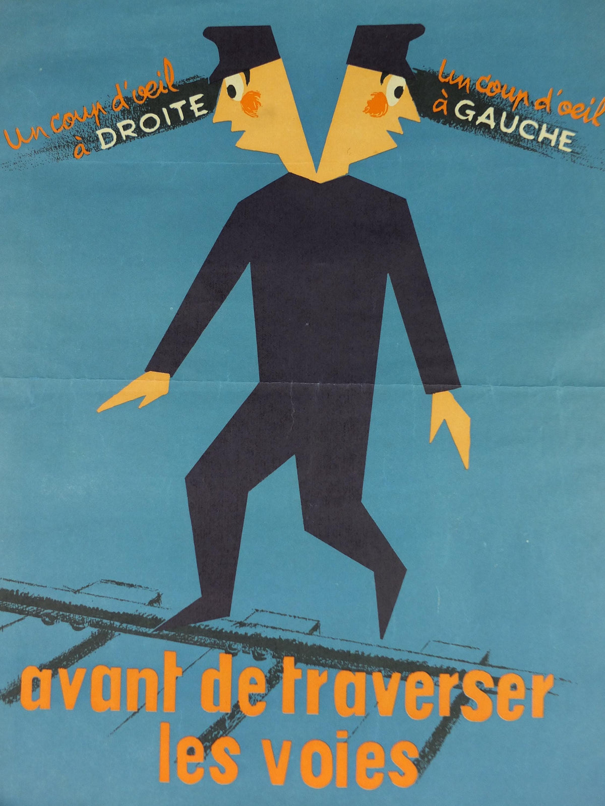 1950s SNCF rail safety poster, Look both ways before crossing, two heads, industrial, train rail dangers, retro wall art decor