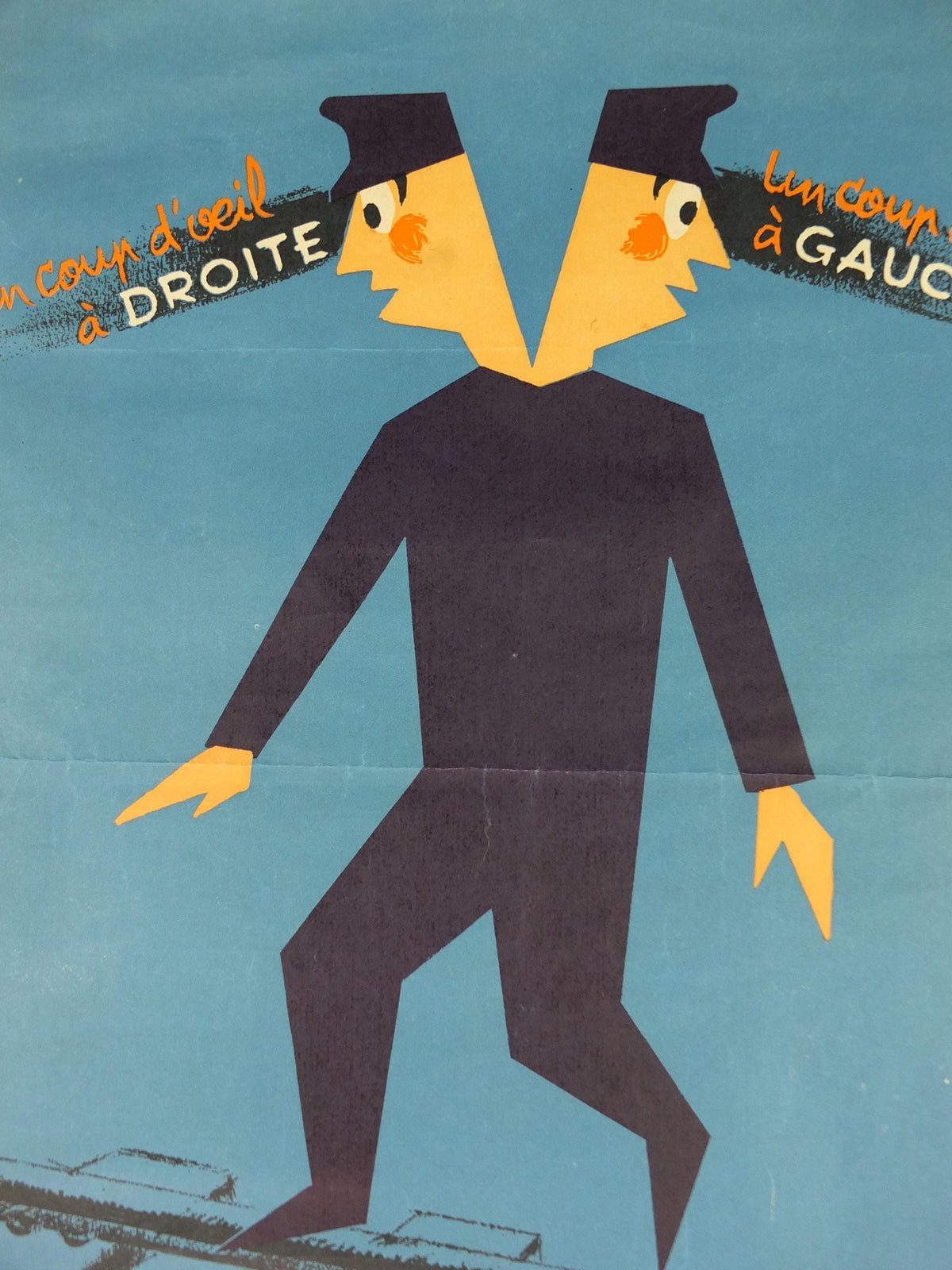 1950s SNCF rail safety poster, Look both ways before crossing, two heads, industrial, train rail dangers, retro wall art decor
