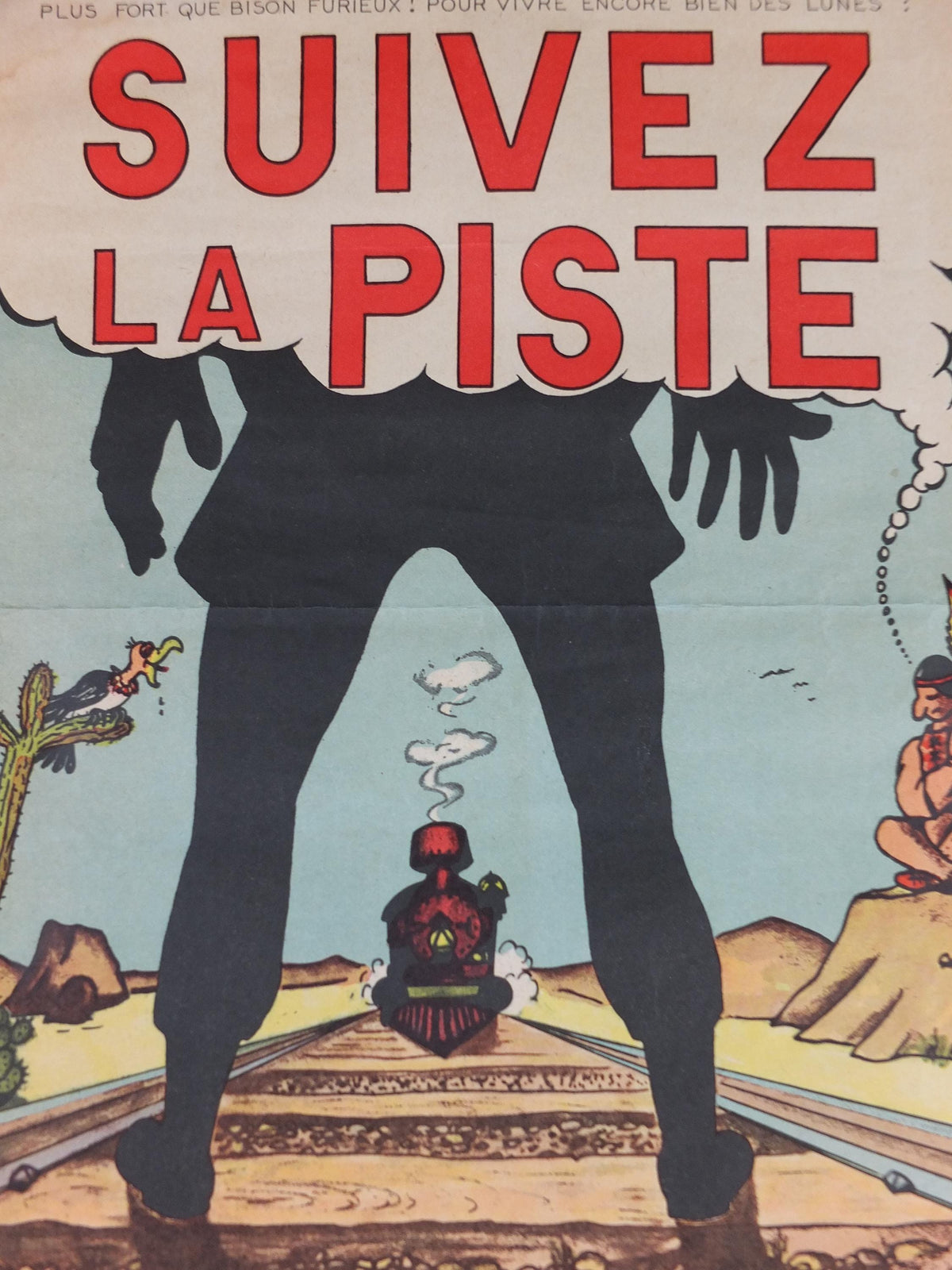 1950s SNCF rail safety poster, Follow the Track, Gunslinger Cowboy, industrial, train rail dangers, retro wall art decor