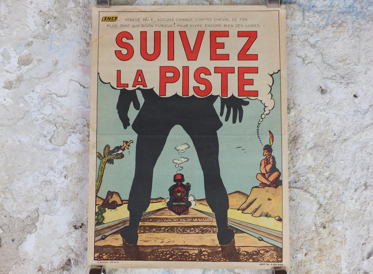 1950s SNCF rail safety poster, Follow the Track, Gunslinger Cowboy, industrial, train rail dangers, retro wall art decor