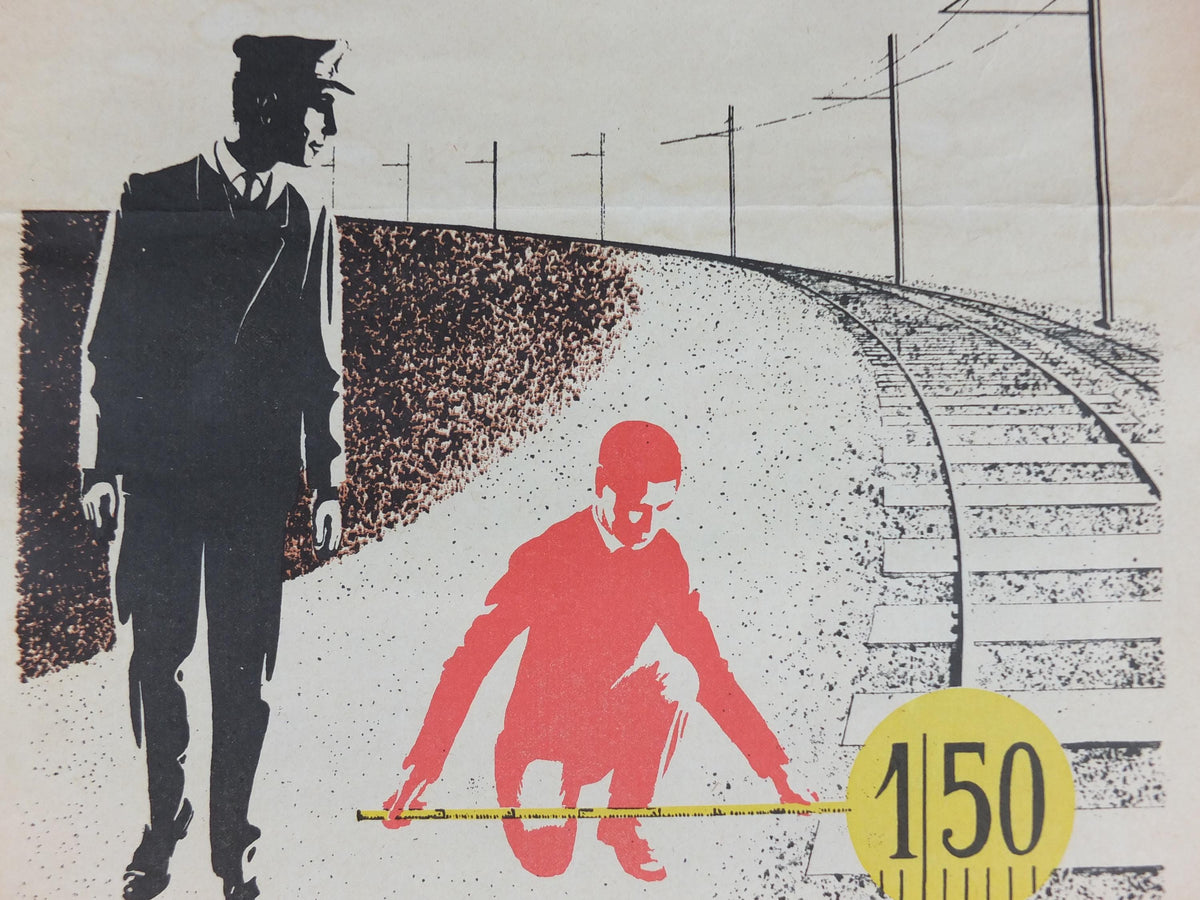 1950s SNCF rail safety poster, Be at least 150cm when you walk along the track, industrial, train rail dangers, retro wall art decor