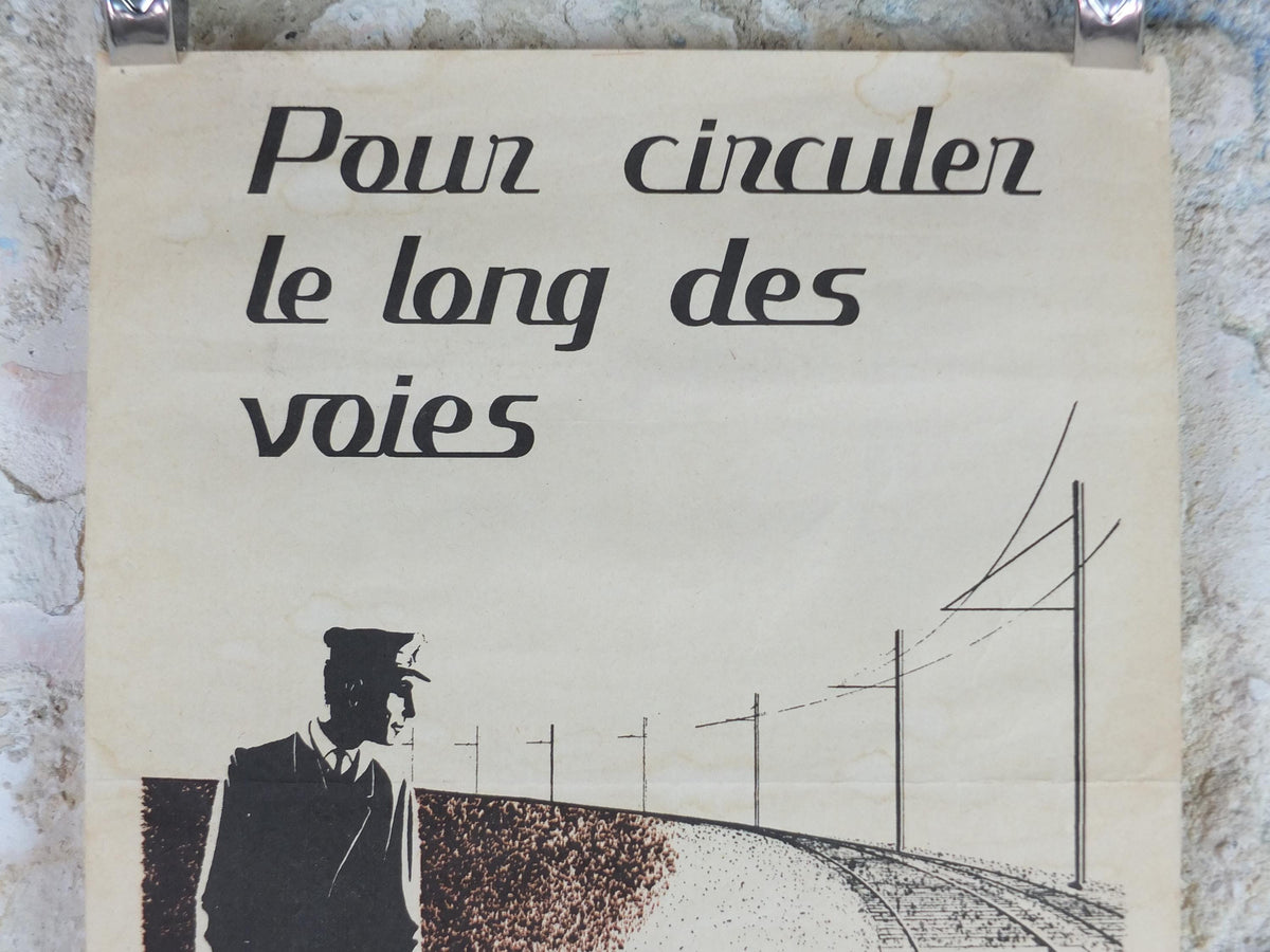 1950s SNCF rail safety poster, Be at least 150cm when you walk along the track, industrial, train rail dangers, retro wall art decor
