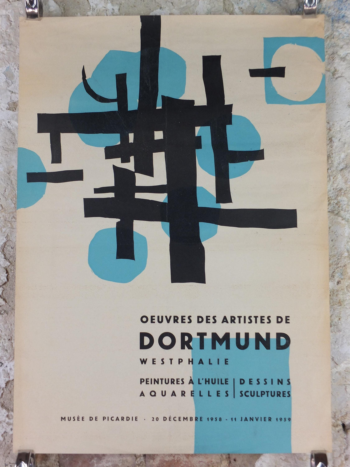 1959 Dortmund Abstract Poster, black lines and blue circles, Artists of Dortmund, Musee de Picardie, art gallery exhibition, wall art decor