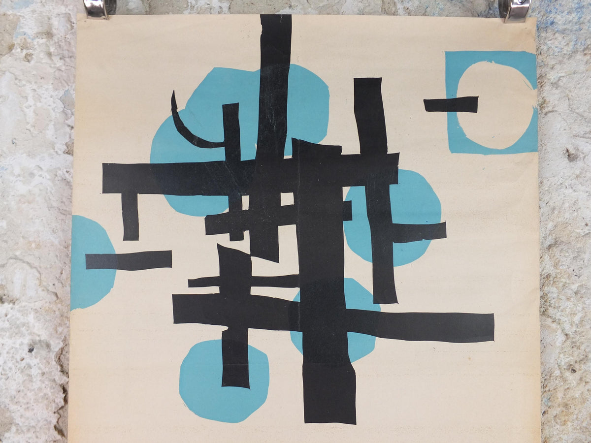 1959 Dortmund Abstract Poster, black lines and blue circles, Artists of Dortmund, Musee de Picardie, art gallery exhibition, wall art decor