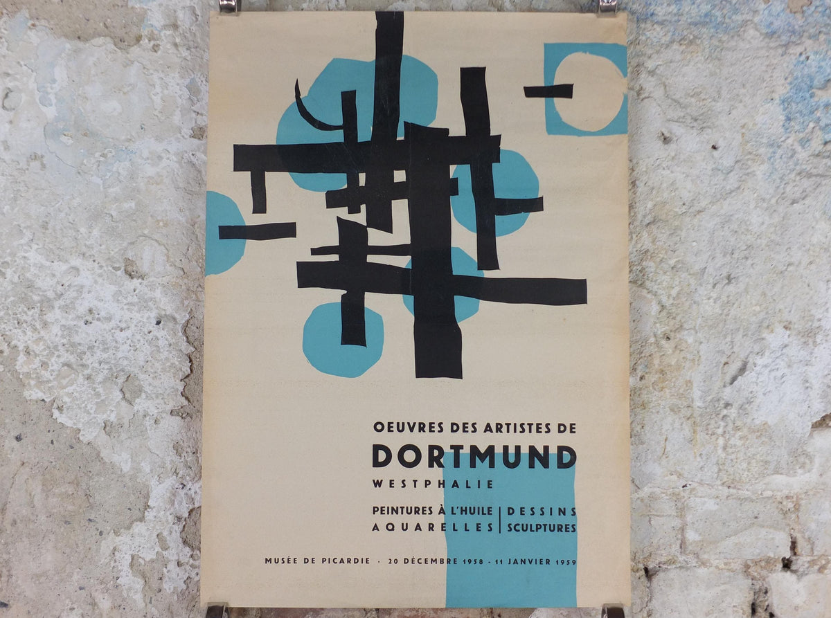 1959 Dortmund Abstract Poster, black lines and blue circles, Artists of Dortmund, Musee de Picardie, art gallery exhibition, wall art decor
