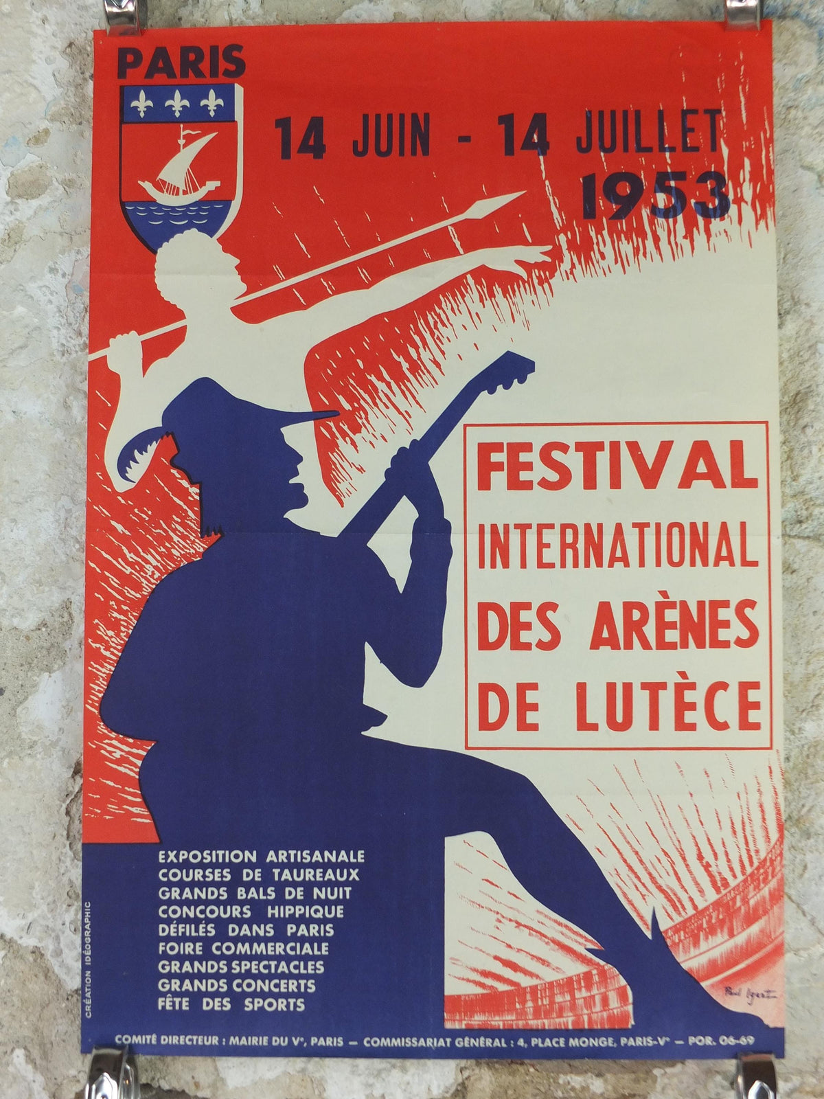 1953 Paris Festival of the Arts, Festival International Des Arenes De Lutece Poster, music, sport, dance and theatre, Paris,  wall art decor