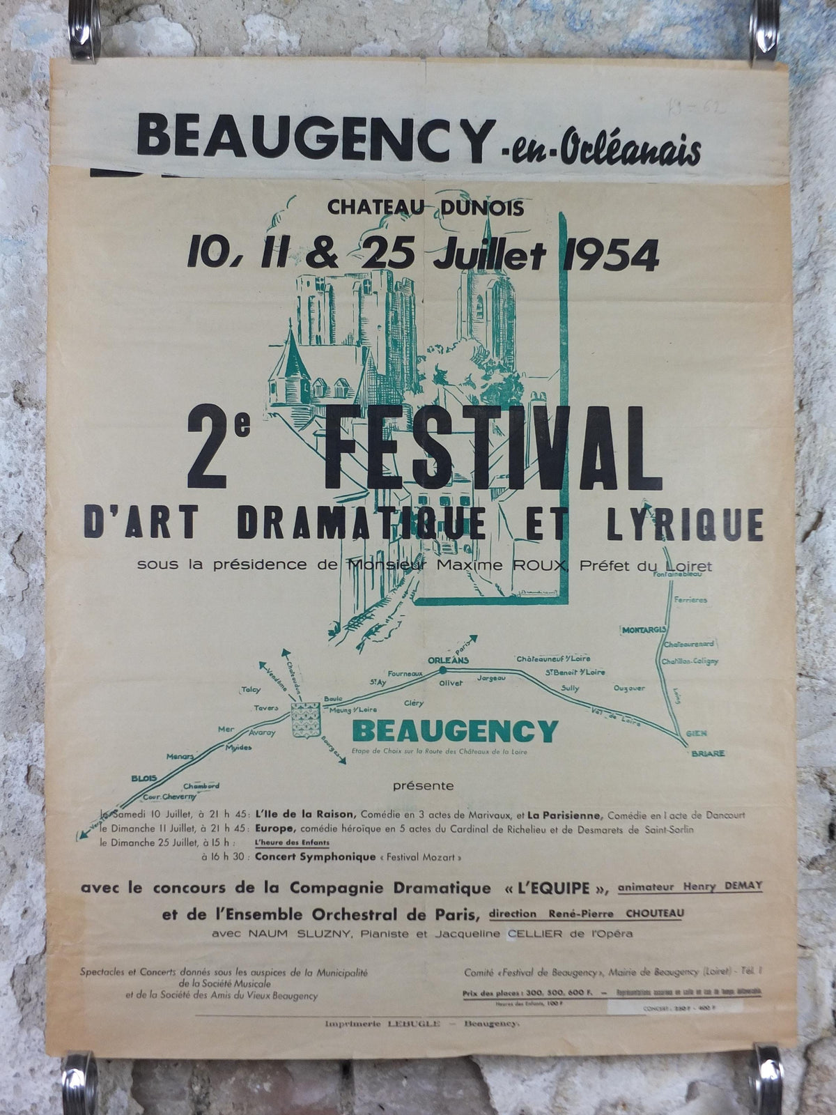 1953 Orleans Beaugency Poster, Festival of the Arts, music and theatre, Paris, Briare & Blois, wall art decor