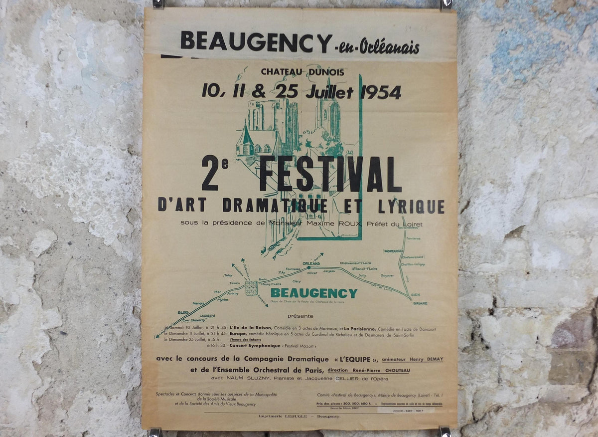 1953 Orleans Beaugency Poster, Festival of the Arts, music and theatre, Paris, Briare & Blois, wall art decor