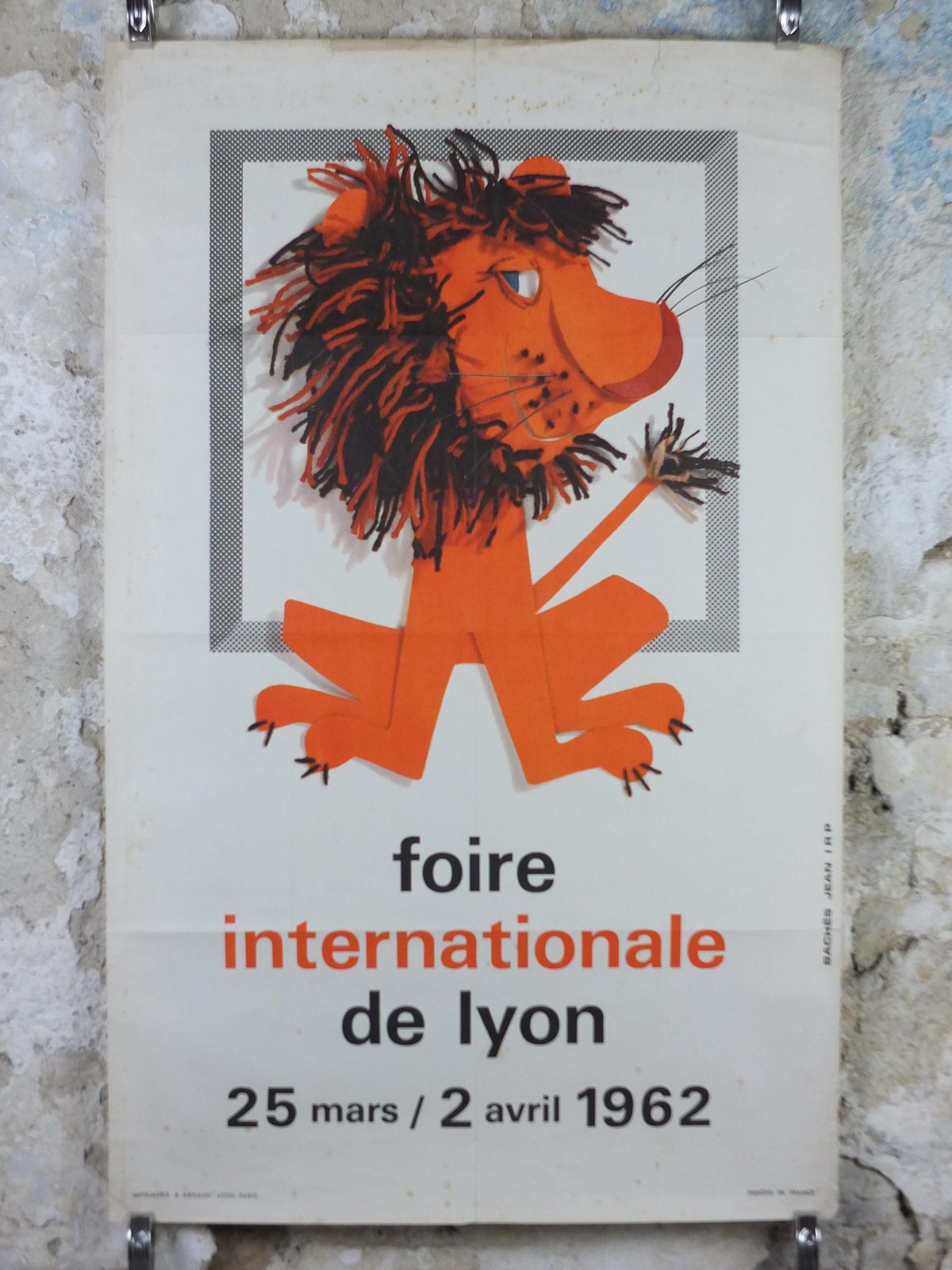 1962 International Fair Lyon Poster, The Orange Lion of Lyon, Original Vintage French, Advertising print, wall art retro decor