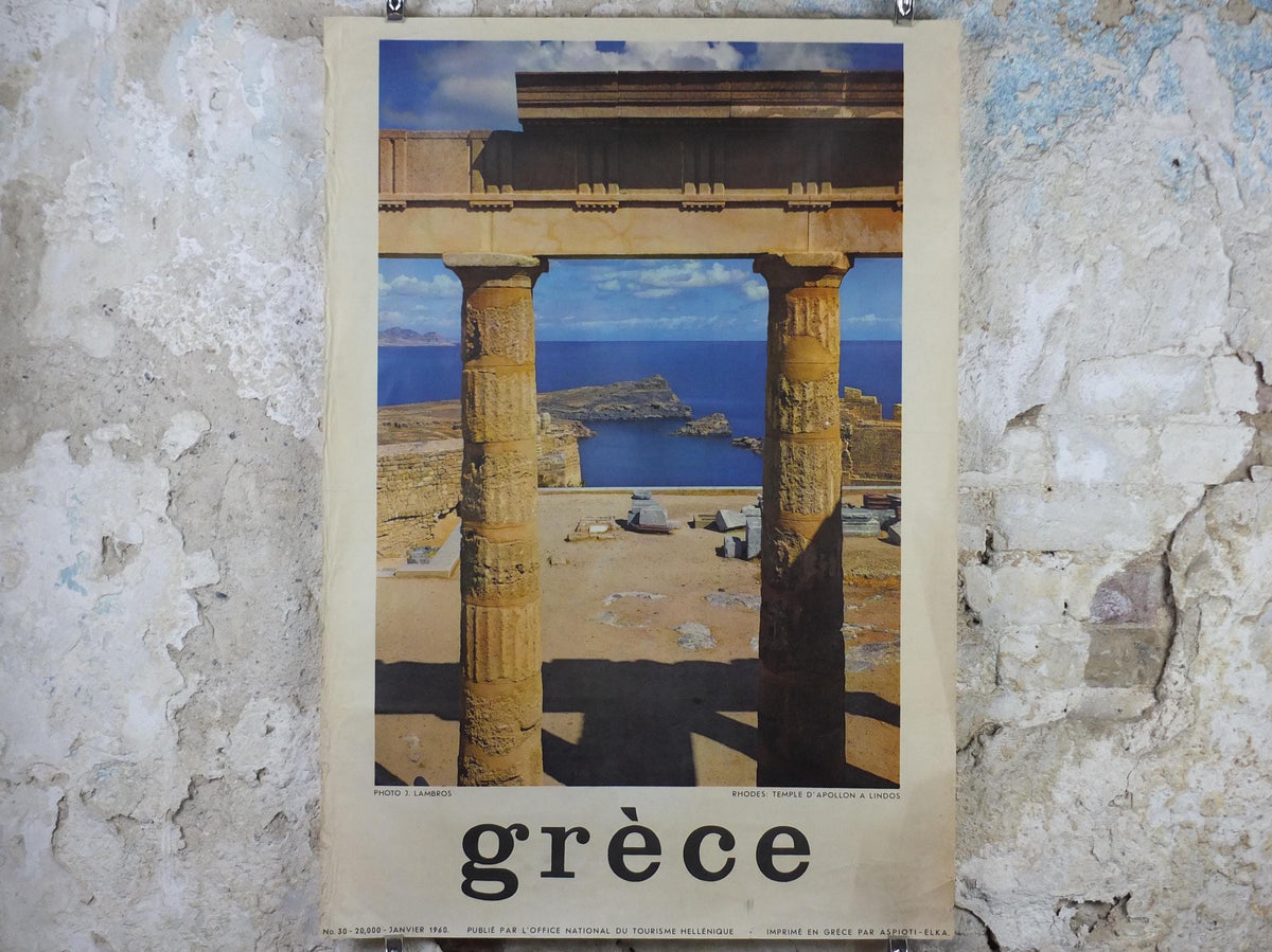 1960 Rhodes Greece Travel Poster, Ροδοσ, Temple of Apollo, Lindos, acropolis, travel tourism, holiday vacation, wall art decor