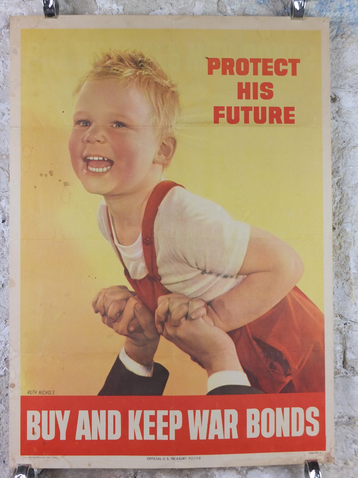 1944 War Bonds Poster, Protect His Future, Laughing Boy, Buy and Keep War Bonds, by Ruth Nichols, WFD 977-A, US Treasury wall art decor
