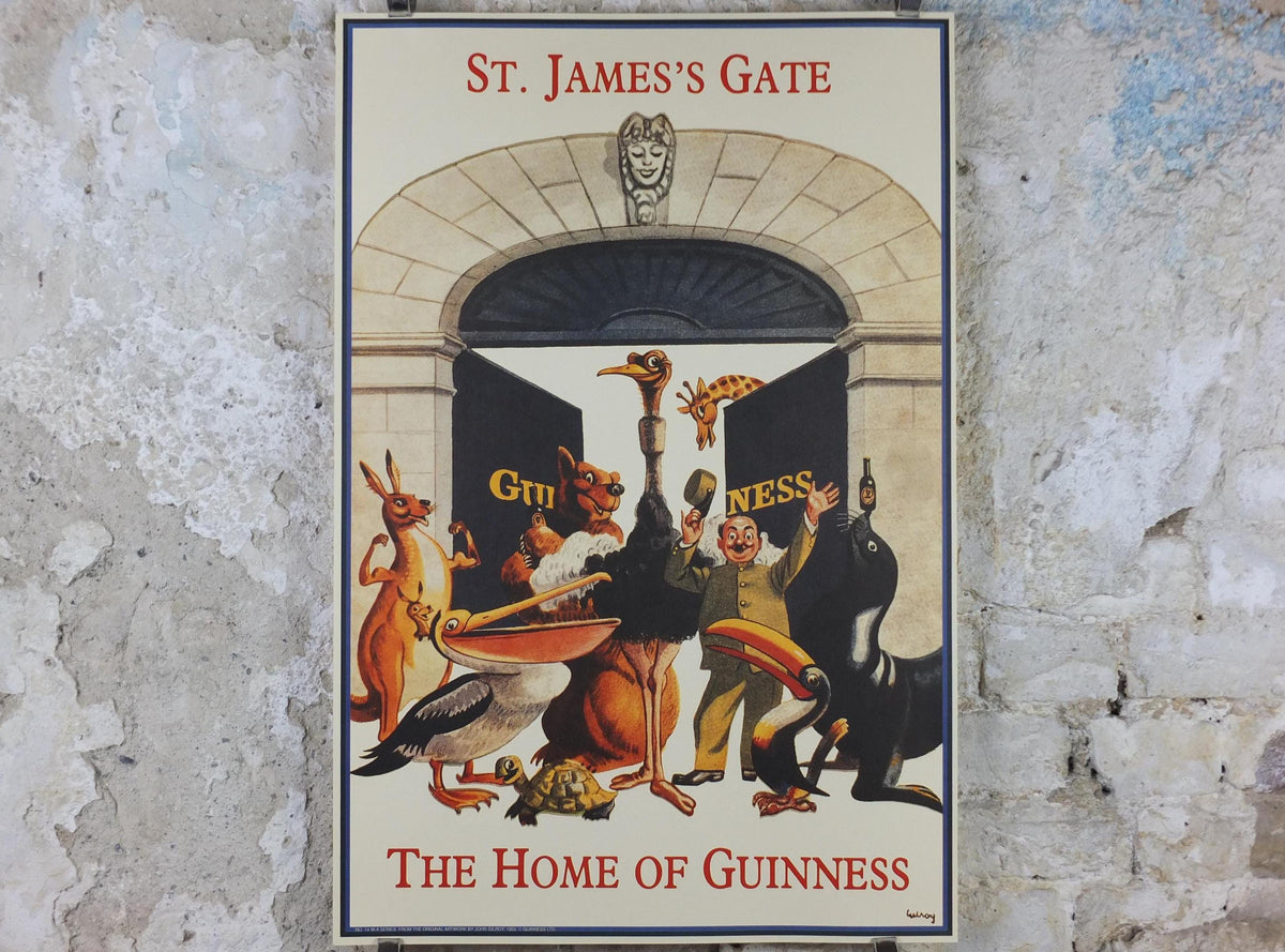 1990s Guinness St James Gate Poster, from Guinness Museum, By John Gilroy 1959, zookeeper with Guinness animals, Wall art decor