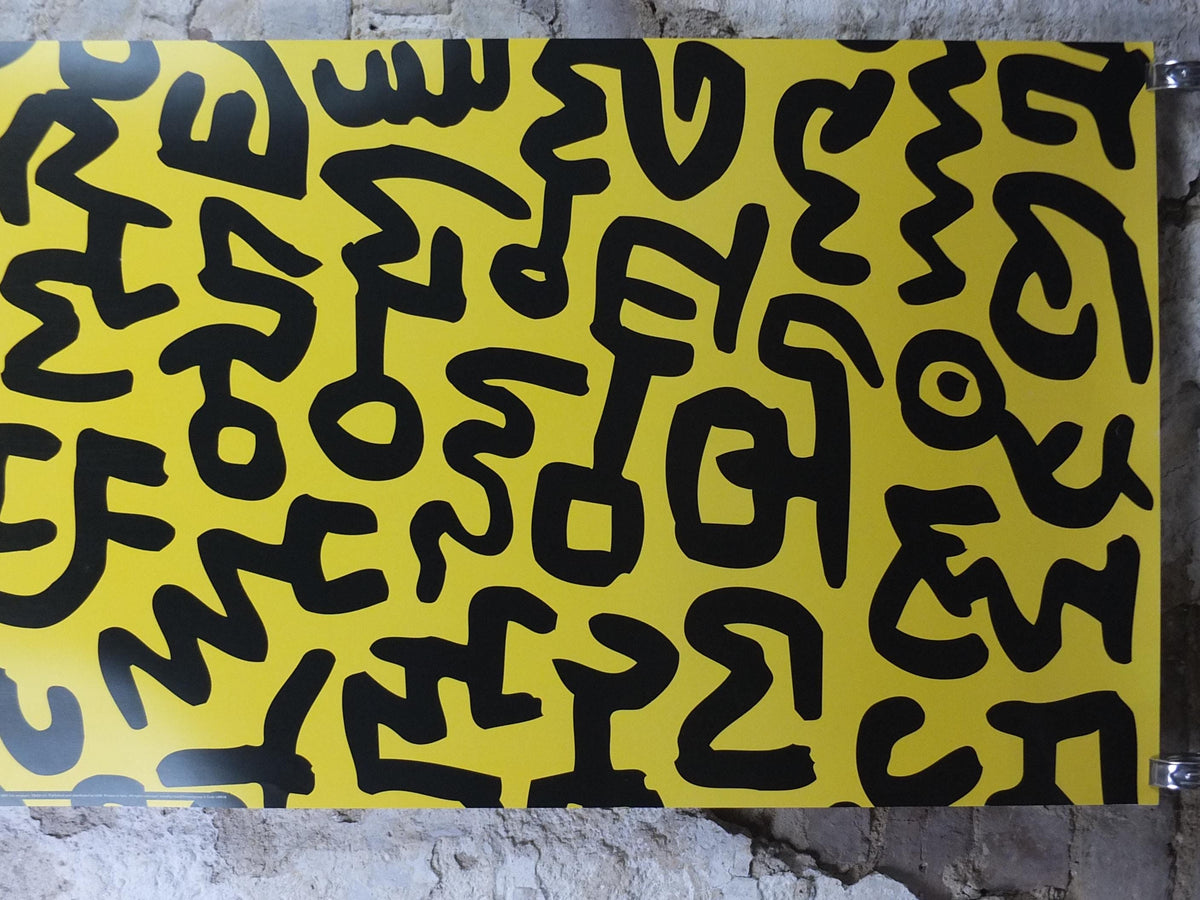 1990 Keith Haring Poster, Yellow untitled 1990, long yellow poster with black figures and symbols, Pop Art, Street, wall decor