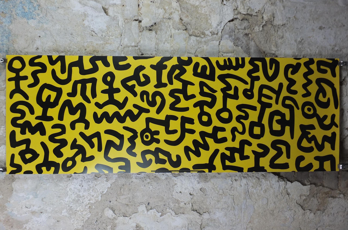 1990 Keith Haring Poster, Yellow untitled 1990, long yellow poster with black figures and symbols, Pop Art, Street, wall decor