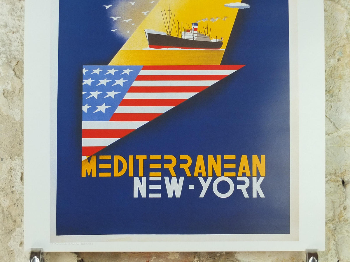 1997 Mediterranean Cruise Travel Poster, France to New York by J Tonelli, Europe, Fabre Line Marsellies, Cruise Advertising, wall art decor