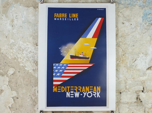 1997 Mediterranean Cruise Travel Poster, France to New York by J Tonelli, Europe, Fabre Line Marsellies, Cruise Advertising, wall art decor