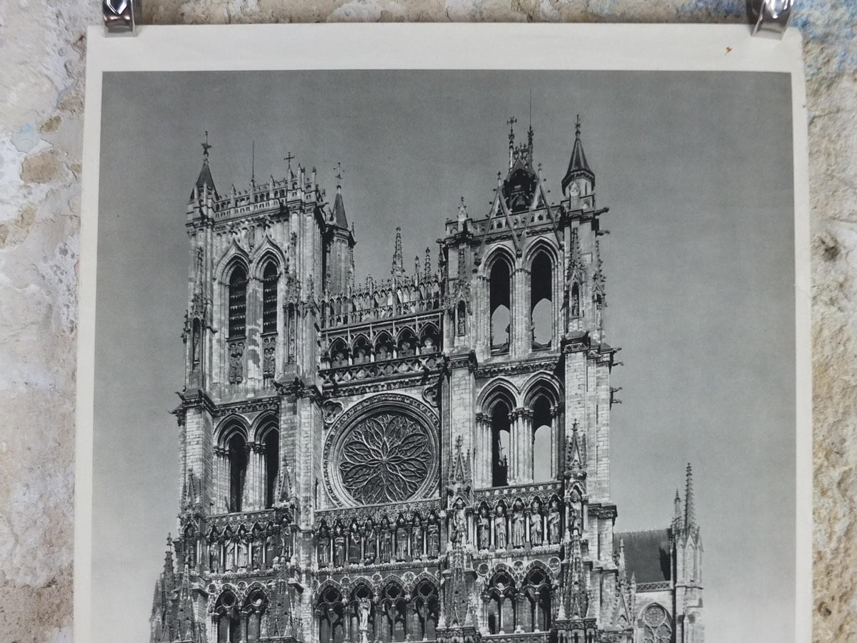 1950s Amiens Cathedral France Poster, Gothic Church printed by French Tourist Office, monochrome travel wall art decor