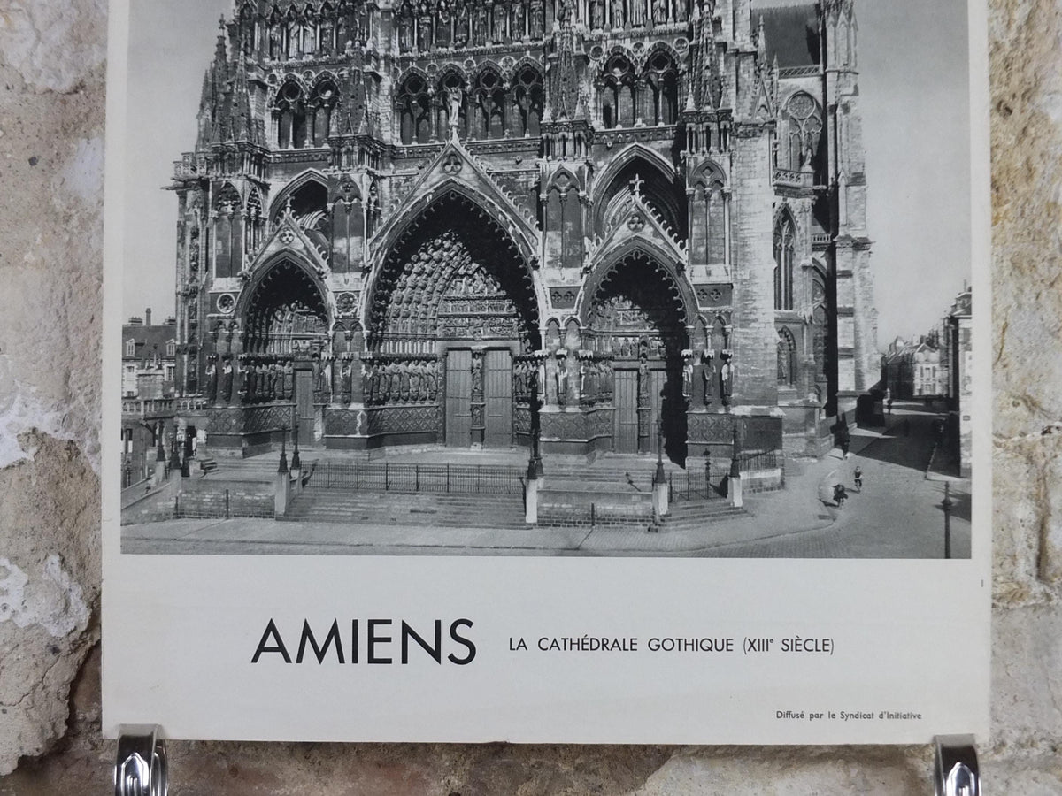 1950s Amiens Cathedral France Poster, Gothic Church printed by French Tourist Office, monochrome travel wall art decor