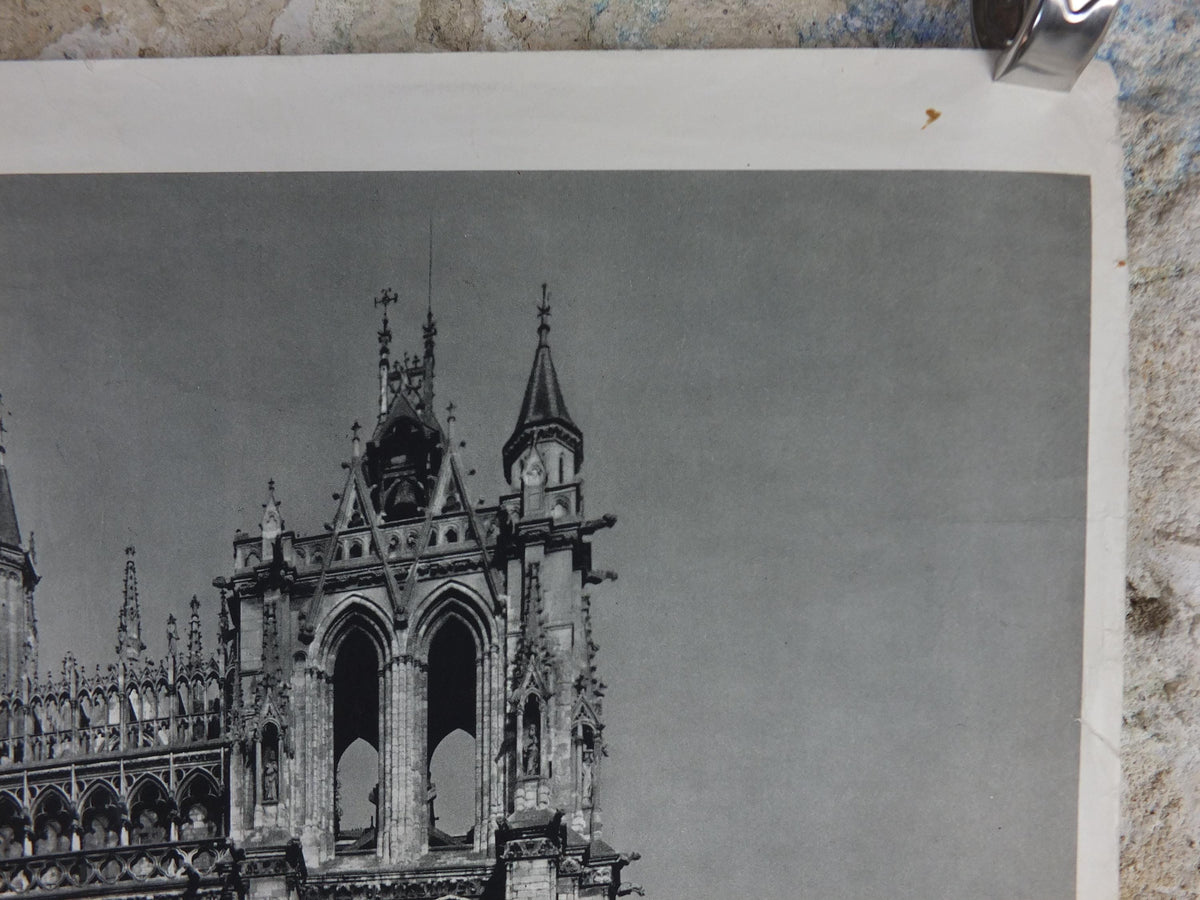 1950s Amiens Cathedral France Poster, Gothic Church printed by French Tourist Office, monochrome travel wall art decor