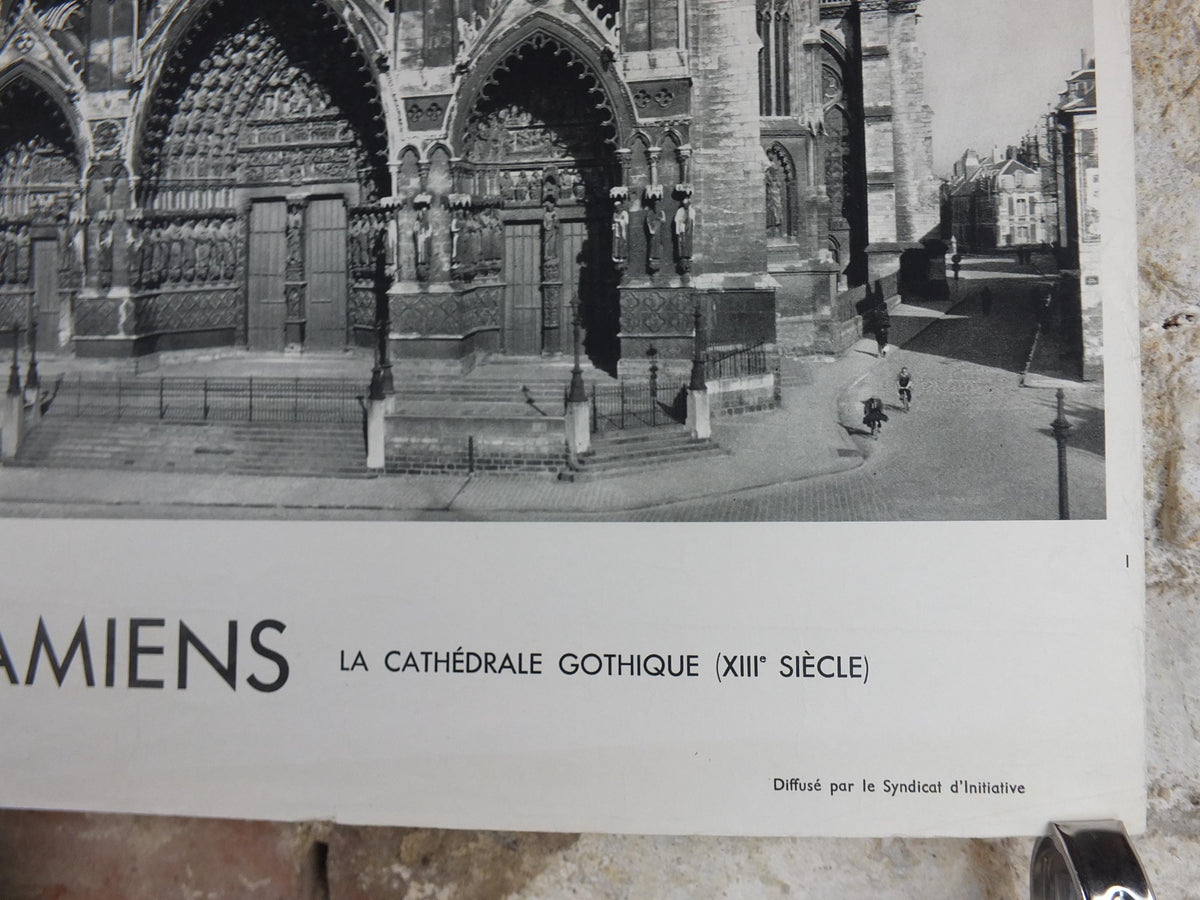 1950s Amiens Cathedral France Poster, Gothic Church printed by French Tourist Office, monochrome travel wall art decor