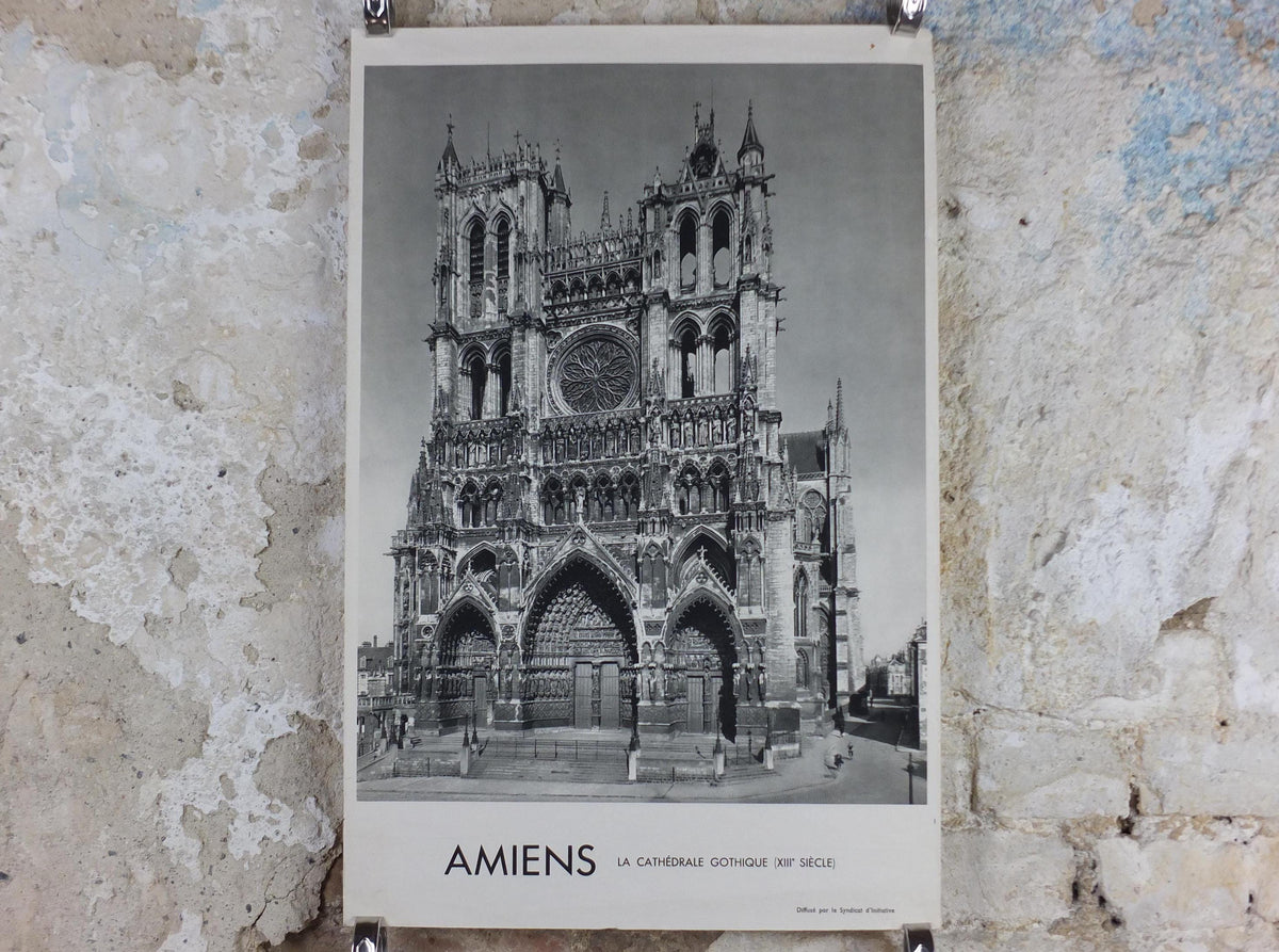 1950s Amiens Cathedral France Poster, Gothic Church printed by French Tourist Office, monochrome travel wall art decor