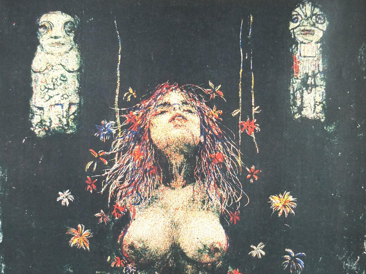 Signed 1990 Kurt Trampedach Poster, The Flower Girl, Blomsterpige, signed in gold ink, Cubism Surrealism, gallery exhibition, wall art decor