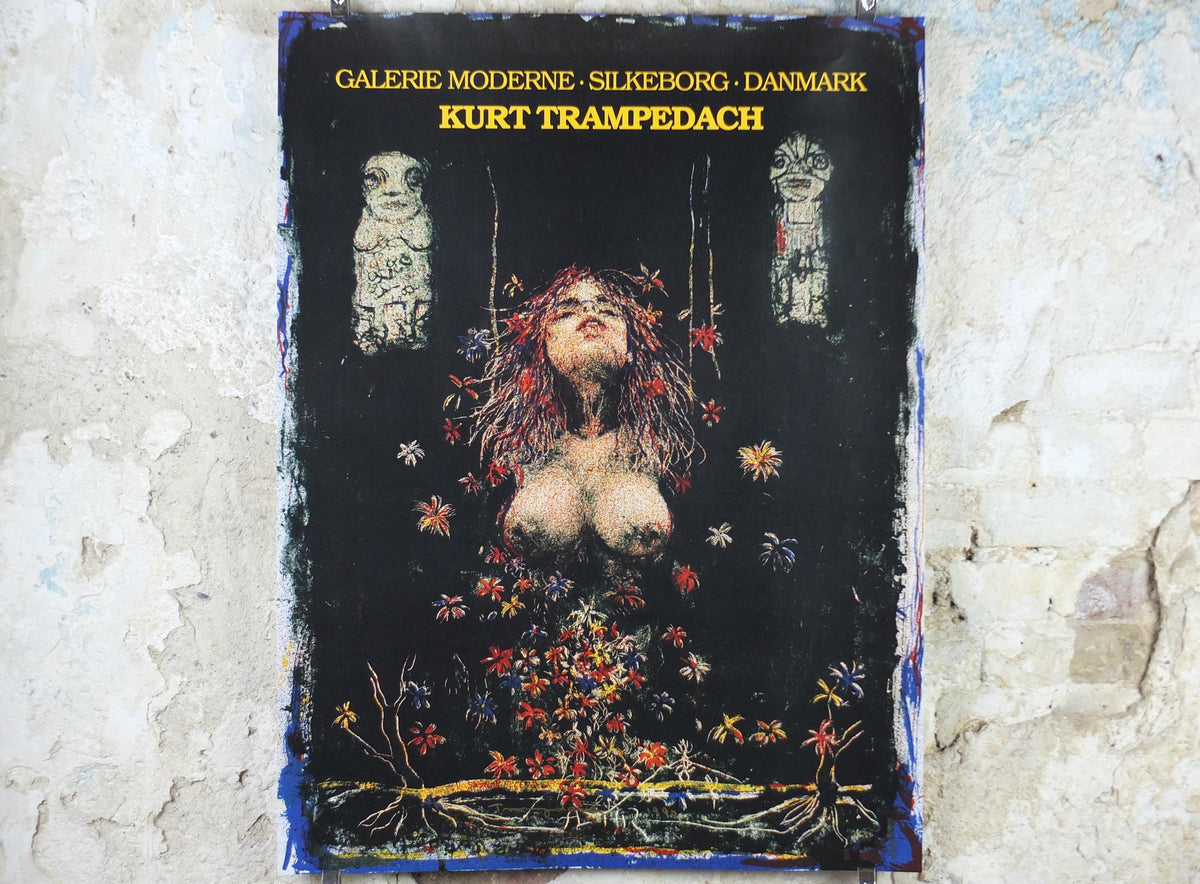 Signed 1990 Kurt Trampedach Poster, The Flower Girl, Blomsterpige, signed in gold ink, Cubism Surrealism, gallery exhibition, wall art decor