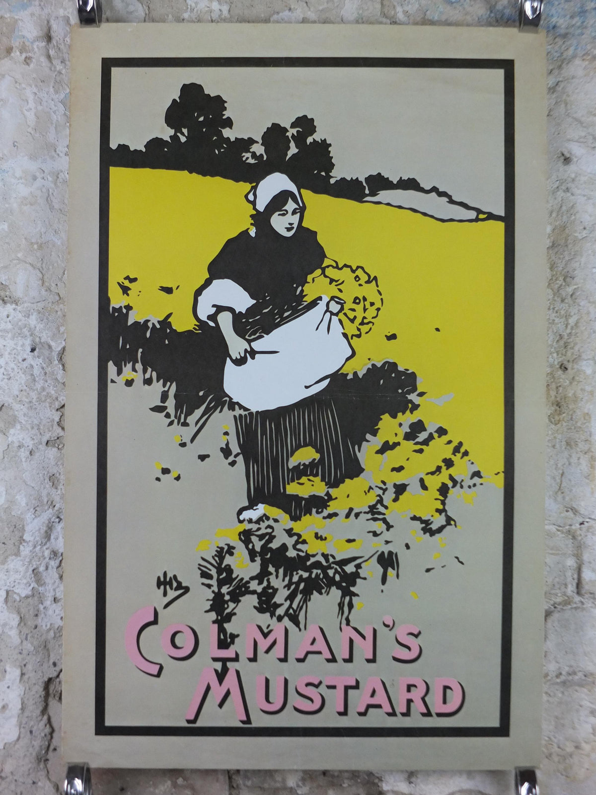 1970s Colemans Mustard Poster, woman gathering yellow flowers, Kitchen decoration or Kitchenalia print wall art decor