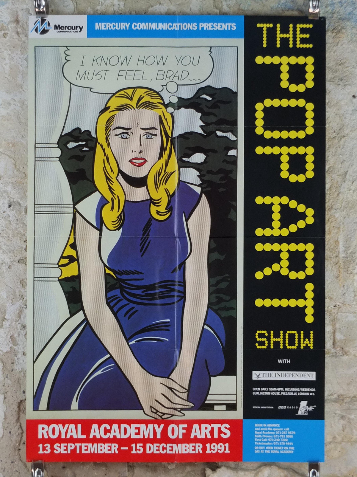 1991 Royal Academy of Arts Poster, Roy Lichtenstein, "I know... Brad" 1963 Pop Art artist gallery exhibition, wall art decor