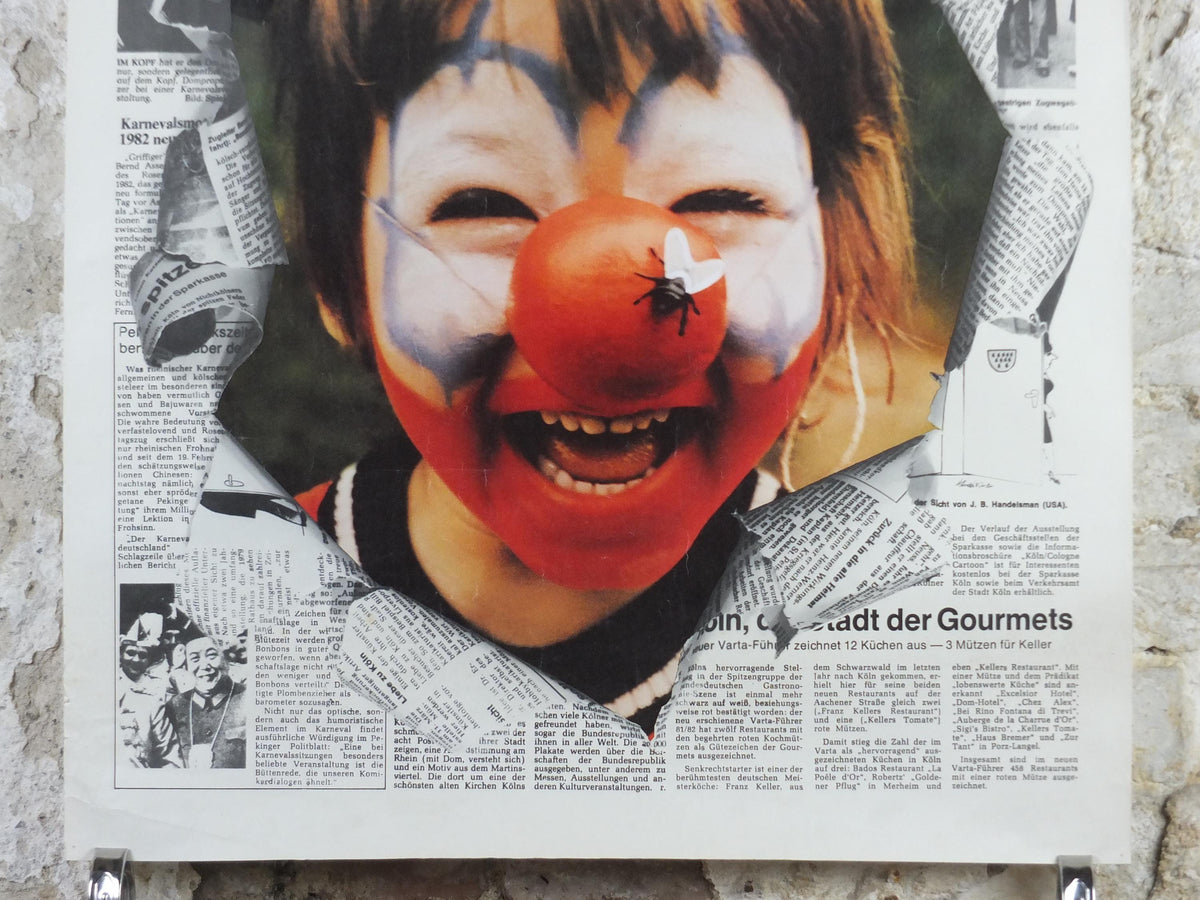 1982 Koln Karneval Poster, Clown in Carnival, Red Nose, Cologne, Germany, Newspaper, Deutschland plakat, travel wall art decor