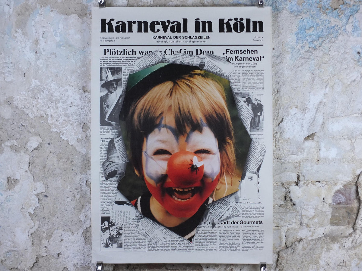 1982 Koln Karneval Poster, Clown in Carnival, Red Nose, Cologne, Germany, Newspaper, Deutschland plakat, travel wall art decor